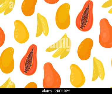 Simple vector pattern with mango, bananas and papaya isolated on white background. Texture with tropical fruits for fabrics, wallpapers. Surface Stock Vector