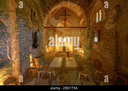Cape of Rodon, Albania - June 1, 2023: interior of catholic St. Anthony Church. The church is small, whitewashed building with single nave, decorated Stock Photo