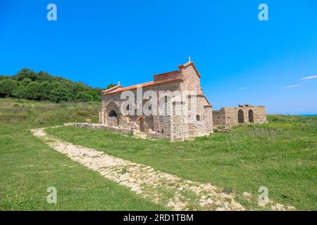 Cape of Rodon St. Anthony Church is a historical and religious site located on the Cape of Rodon in Albania. This charming church holds significant Stock Photo