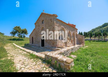 St. Anthony Church's architecture reflects a blend of traditional Albanian design and religious influences, creating picturesque setting for visitors Stock Photo