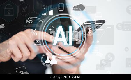 Artificial intelligence AI . Hand touch white tablet with digital hologram Brain sign on light blurred background. Virtual Reality or Artificial Stock Photo