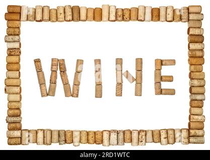 A frame made of Various Old Used corks plugs from various types of wine with inscription made with cork plugs on white background Stock Photo