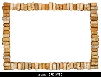 A frame made of Various Old Used corks plugs from various types of wine on white background Stock Photo