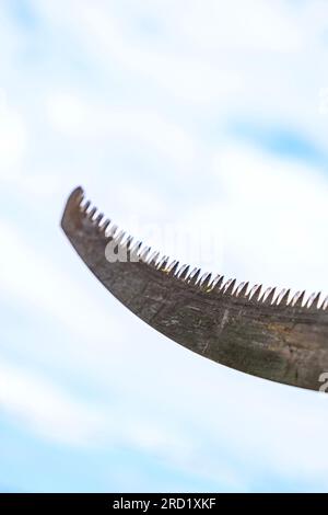 hand saw blades with teeth with cloudy sky in the background Stock Photo