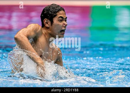 Fukuoka, Japan. 18th July, 2023. Yotaro Sato of Japan competes in the Men's Solo Free Preliminary during the 20th World Aquatics Championships at the Marine Messe Hall A in Fukuoka (Japan), July 18th, 2023. Credit: Insidefoto di andrea staccioli/Alamy Live News Stock Photo