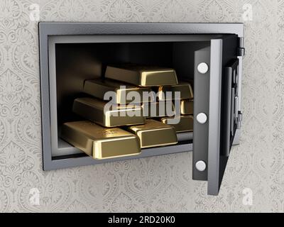 Open wall safe full of gold ingots mounted in the wall. 3D illustration. Stock Photo