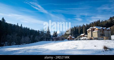 Winter landscape of the Ukrainian Carpathians with the Hoverla mountains on the backside Stock Photo
