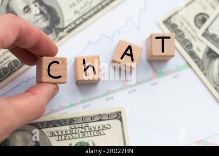 Chat text on the wood blocks. Stock Photo