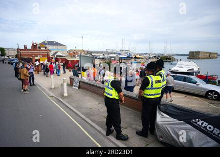 Protesters in Portland in Dorset after the Bibby Stockholm accommodation barge arrived from dry dock in Falmouth, Cornwall, where it is due to house migrants. Picture date: Tuesday July 18, 2023. Stock Photo