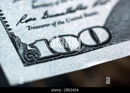 One hundred american dollars bill close up, 100 dollars banknote macro shot Stock Photo