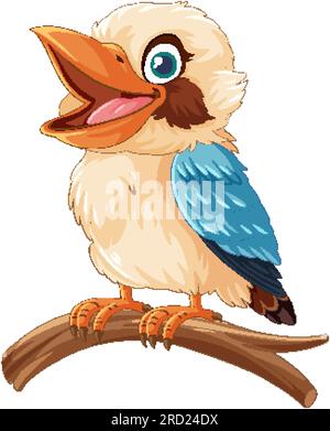 A smiling kookaburra, native to Australia, stands on a tree branch isolated on a white background illustration Stock Vector
