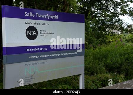 Entrance signs at the Trawsfynydd Site of the Magnox nuclear power station now being decommissioned Stock Photo