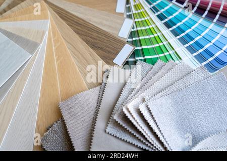 Color scheme palette guide catalog with colour swatches, wooden flooring and furniture material samples. Architect or interior design composition. Stock Photo