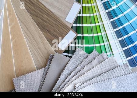 Color scheme palette guide catalog with colour swatches, wooden flooring and furniture material samples. Architect or interior design composition. Stock Photo