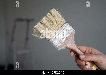 Hand holding decorators' brush for painting and decorating of buildings, home interior walls. House painter, decorator in apartment during renovation. Stock Photo