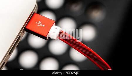 Red USB connected with laptop closeup. Plug micro cable for mobile devices in macro view Stock Photo