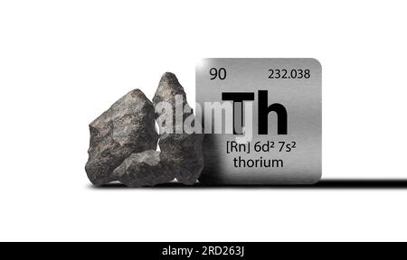 Thorium elements on a metal periodic table with greyish black metamictic Thorium on white background. 3D rendered icon and illustration. Stock Photo