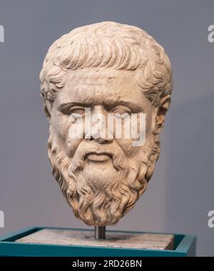 Berlin, Germany - 18 September 2019: Famous bust of Plato in Berlin Altes museum. Ancient sculpture at exibition in Germany Stock Photo