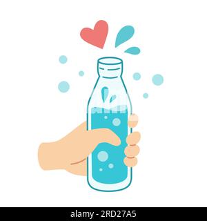 Reusable glass bottle with drops. Hand holds bottle. Sustainable lifestyle, zero waste, ecological concept. Vector illustration in cartoon style. Recycling, waste management, ecology, sustainability. Stock Vector