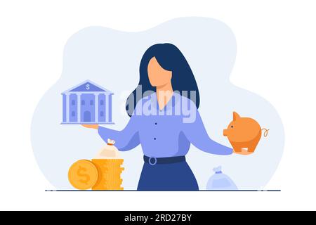 Woman choosing between bank and piggybank Stock Vector