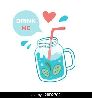 Reusable glass jar with text DRINK ME. Sustainable lifestyle, zero waste, ecological concept. Vector illustration in cartoon style. Recycling, waste management, ecology, sustainability. Stock Vector