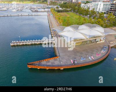 Aerial view of a modern waterfront pavilion, behind a curved pier at Geelong in Victoria, Australia Stock Photo