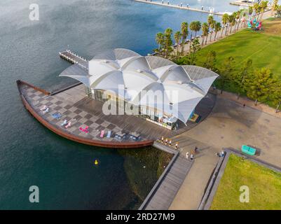 Aerial view of a modern waterfront pavilion, behind a curved pier at Geelong in Victoria, Australia Stock Photo