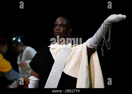 Avignon, France. 17th July, 2023. Challenge Gumbodete dances during the rehearsal for the play. 'The Romeo,' a contemporary dance performance choreographed by Trajal Harrell, underwent a rehearsal before its debut at the Avignon Festival. Through the mythical Shakespearean character and diverse cast of performers, this dance aims to celebrate freedom by leaving personal tragedies behind. Credit: SOPA Images Limited/Alamy Live News Stock Photo