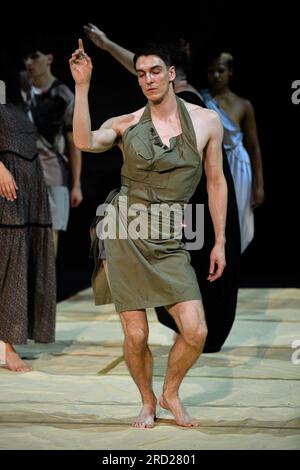 Avignon, France. 17th July, 2023. Thibault Lac dances during the rehearsal for the play. 'The Romeo,' a contemporary dance performance choreographed by Trajal Harrell, underwent a rehearsal before its debut at the Avignon Festival. Through the mythical Shakespearean character and diverse cast of performers, this dance aims to celebrate freedom by leaving personal tragedies behind. Credit: SOPA Images Limited/Alamy Live News Stock Photo