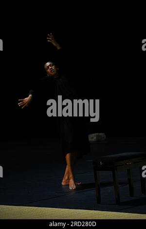 Avignon, France. 17th July, 2023. Trajal Harrell dances during the rehearsal for the play. 'The Romeo,' a contemporary dance performance choreographed by Trajal Harrell, underwent a rehearsal before its debut at the Avignon Festival. Through the mythical Shakespearean character and diverse cast of performers, this dance aims to celebrate freedom by leaving personal tragedies behind. Credit: SOPA Images Limited/Alamy Live News Stock Photo