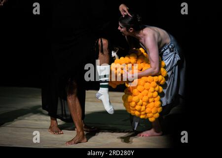 Avignon, France. 17th July, 2023. A dancer removes his socks while dancing 'The Romeo,' a contemporary dance performance choreographed by Trajal Harrell, underwent a rehearsal before its debut at the Avignon Festival. Through the mythical Shakespearean character and diverse cast of performers, this dance aims to celebrate freedom by leaving personal tragedies behind. Credit: SOPA Images Limited/Alamy Live News Stock Photo