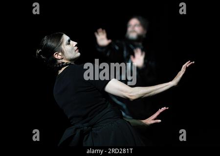 Avignon, France. 17th July, 2023. Frances Chiaverini dances during the rehearsal for the play. 'The Romeo,' a contemporary dance performance choreographed by Trajal Harrell, underwent a rehearsal before its debut at the Avignon Festival. Through the mythical Shakespearean character and diverse cast of performers, this dance aims to celebrate freedom by leaving personal tragedies behind. (Photo by Igor Ferreira/SOPA Images/Sipa USA) Credit: Sipa USA/Alamy Live News Stock Photo