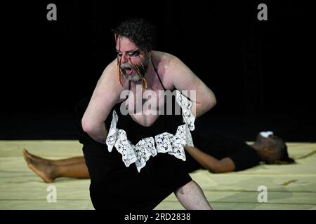 Avignon, France. 17th July, 2023. Christopher Matthews is seen dancing during the rehearsal for the play. 'The Romeo,' a contemporary dance performance choreographed by Trajal Harrell, underwent a rehearsal before its debut at the Avignon Festival. Through the mythical Shakespearean character and diverse cast of performers, this dance aims to celebrate freedom by leaving personal tragedies behind. Credit: SOPA Images Limited/Alamy Live News Stock Photo