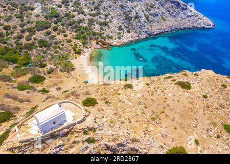 Remote beach of Armeos near famous Galissa beach on Syros island, Greece. Stock Photo