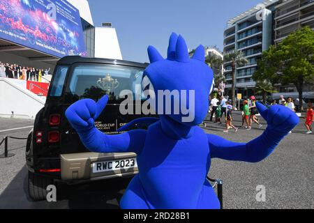 Cannes, France. 18th July, 2023. The Rugby Union World Cup trophy, the Webb Ellis Cup, is displayed to the public outside the Palais Des festivals o, July 18, 2023 in Cannes, south of France. France is hosting Rugby World Cup 2023 and the International Wheelchair Rugby Cup from 8 September to 28 October, 2023. Photo by Lionel Urman/ABACAPRESS.COM Credit: Abaca Press/Alamy Live News Stock Photo