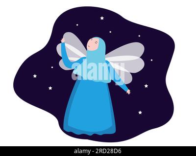 Fairy wing flying muslim girl kid wear hijab sky sparkle star in nigh time view Stock Vector