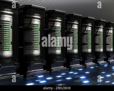 3d rendering of aci-fi server room with futuristic supercomputers Stock Photo