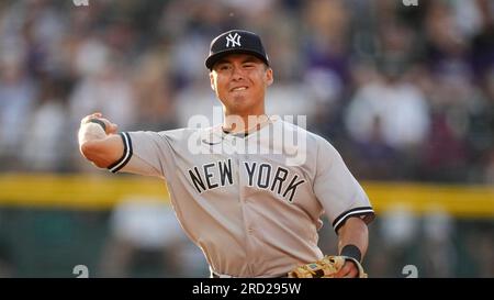 July 16 2023 New York left fielder Isiah Kiner-Falefa (12) in action during  the game with New York Yankees and Colorado Rockies held at Coors Field in  Denver Co. David Seelig/Cal Sport