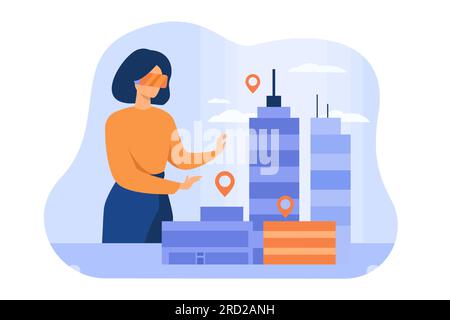 Woman modeling 3d office buildings on table Stock Vector