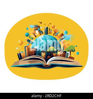 Opened book with world globe and city in flat style isolated on yellow background. The concept of learning. Vector illustration. Stock Vector