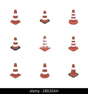 Set of different cone signs road repairs, isolated on white background. Under construction design elements. Flat 3D isometric style, vector illustrati Stock Vector