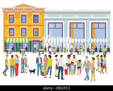 City silhouette with groups of people in leisure time in residential area, illustration Stock Vector