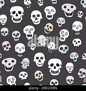 Doodle Halloween sculls seamless pattern. Color Skeleton on grey background. Hand-drawn scary cranium. Mystical sketch character. Vector illustration Stock Vector
