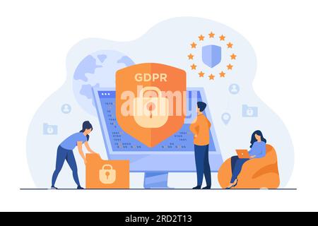 Tiny people protecting business data and legal information Stock Vector