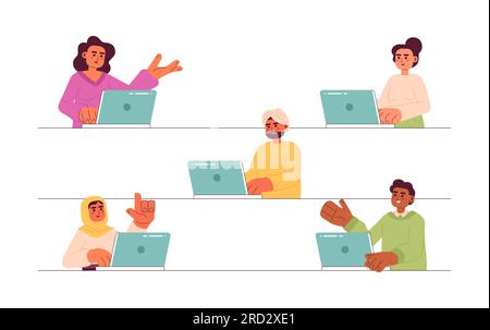 Multicultural people working on laptop semi flat color vector characters Stock Vector