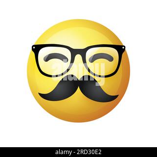 High quality emoticon on white background. Yellow face with mustaches. Mustache emoji vector. Hipster emoji. Mustache smiley. Stock Vector