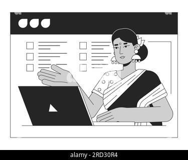 Hindu woman on web conferencing bw concept vector spot illustration Stock Vector