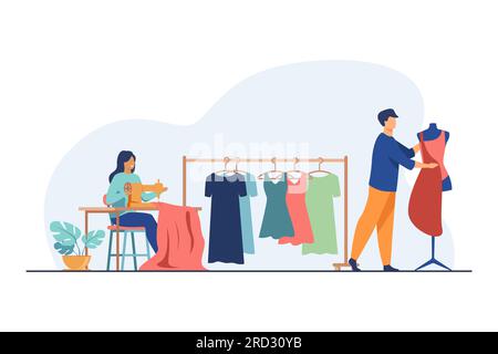 Tailors sewing clothes in studio Stock Vector