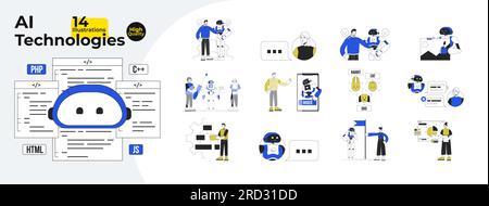 Robot and people interaction flat line concept vector spot illustrations bundle Stock Vector
