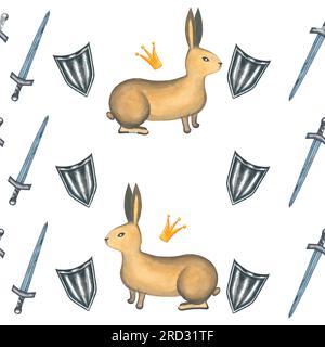 Watercolor illustrations rabbits and crown, swords, shields in medieval style. Seamless pattern hand drawn on a white background.For the design Stock Photo